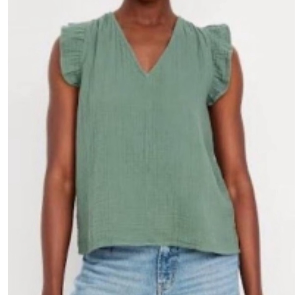 Old Navy Ruffle Sleeve V-Neck Blouse | Green Linen-Blend Top - Size L NWT